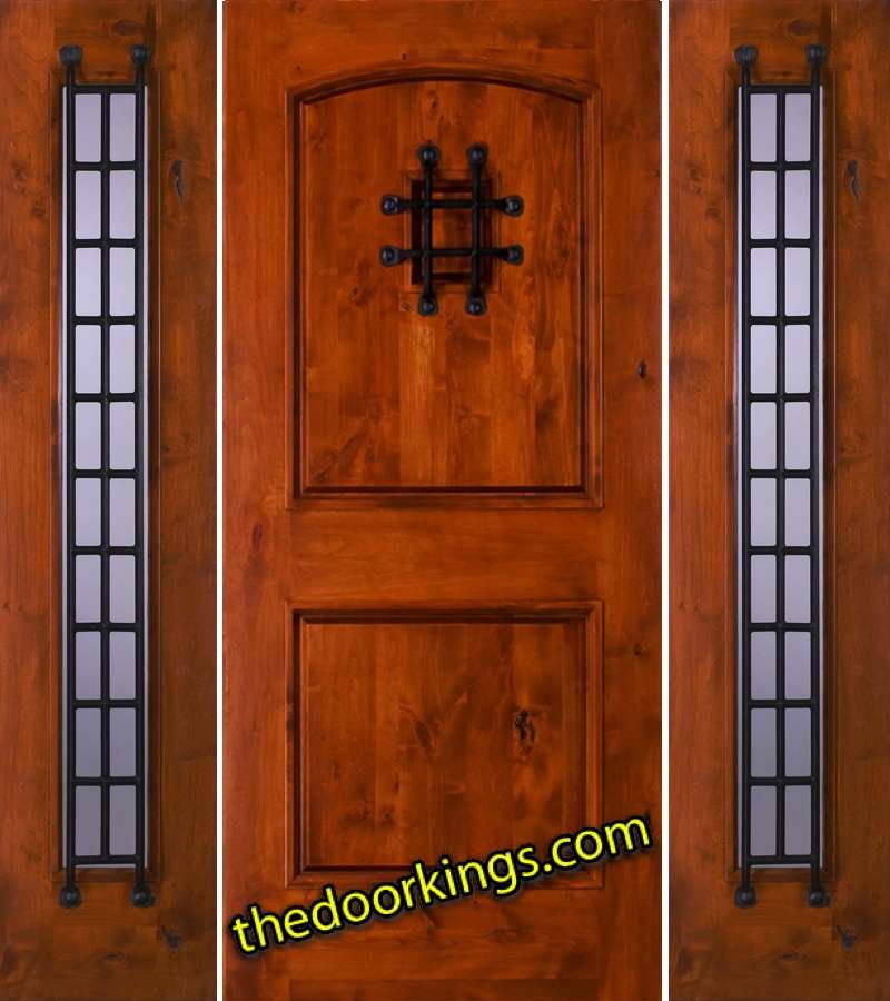 sw76 knotty alder wood door with two sw51 sidelites